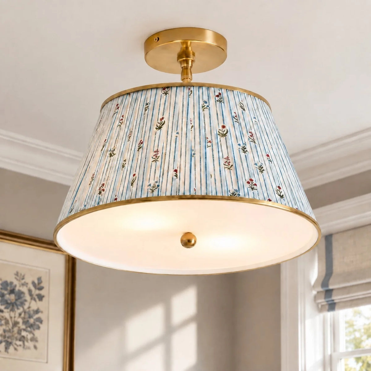 Vintage Printed Pleated Brass Ceiling Light Lamp
