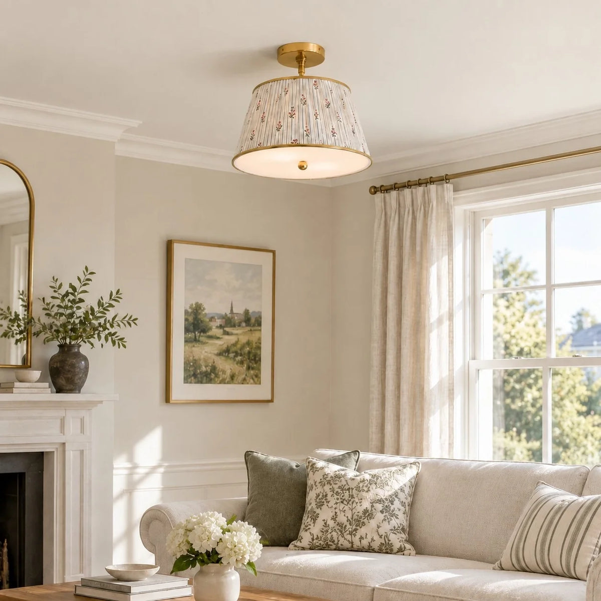 Vintage Printed Pleated Brass Ceiling Light Lamp