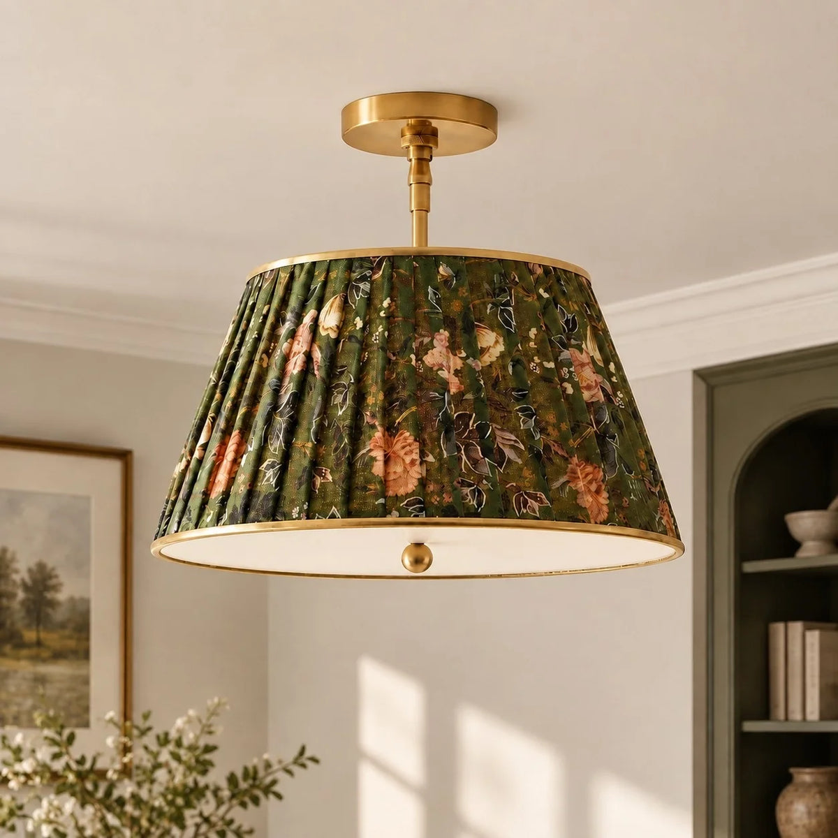 Vintage Printed Pleated Brass Ceiling Light Lamp