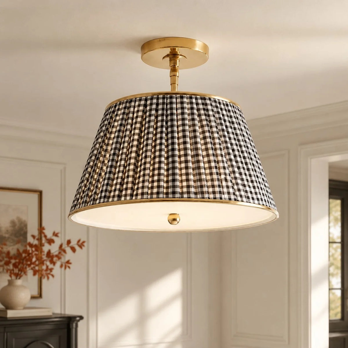 Vintage Printed Pleated Brass Ceiling Light Lamp