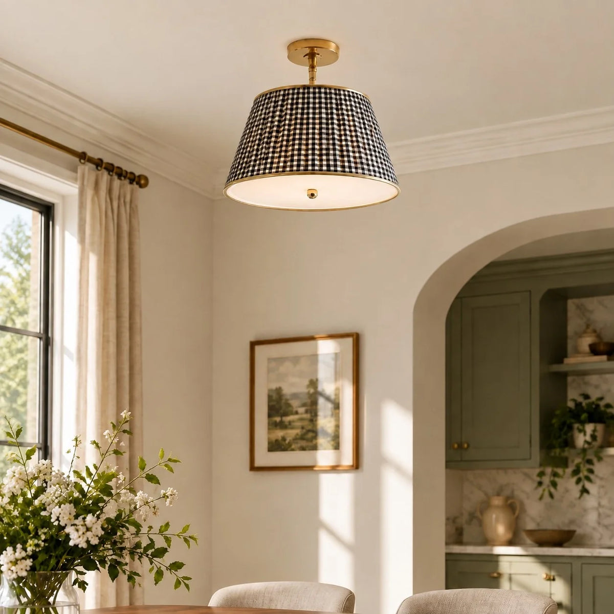 Vintage Printed Pleated Brass Ceiling Light Lamp
