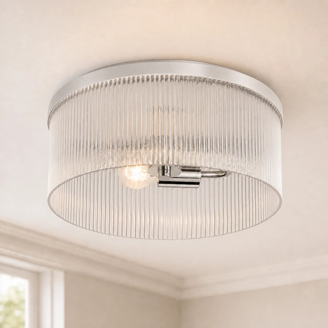 Vintage Ribbed Glass Drum Flush Ceiling Light