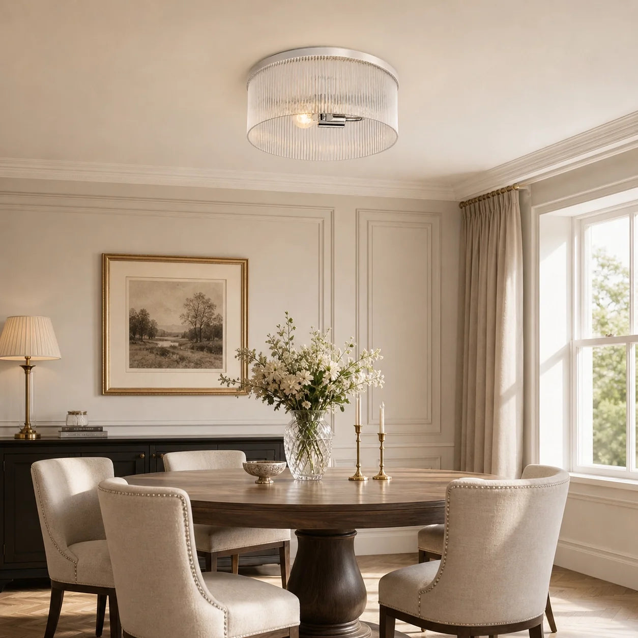 Vintage Ribbed Glass Drum Flush Ceiling Light