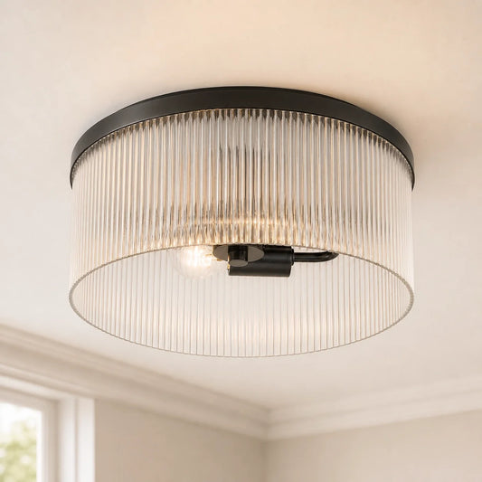 Vintage Ribbed Glass Drum Flush Ceiling Light
