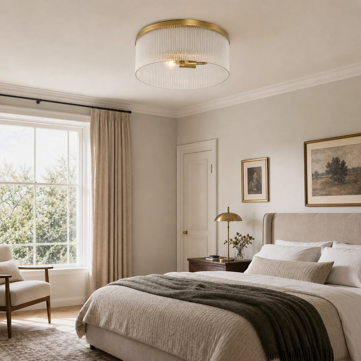 Vintage Ribbed Glass Drum Flush Ceiling Light