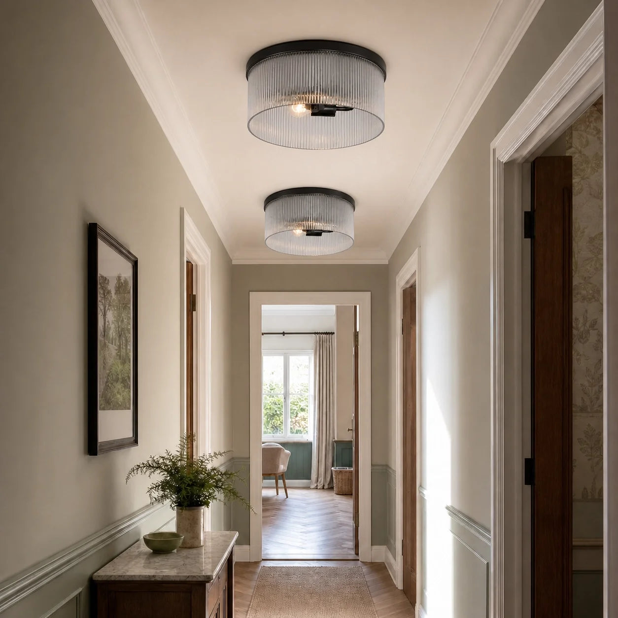 Vintage Ribbed Glass Drum Flush Ceiling Light