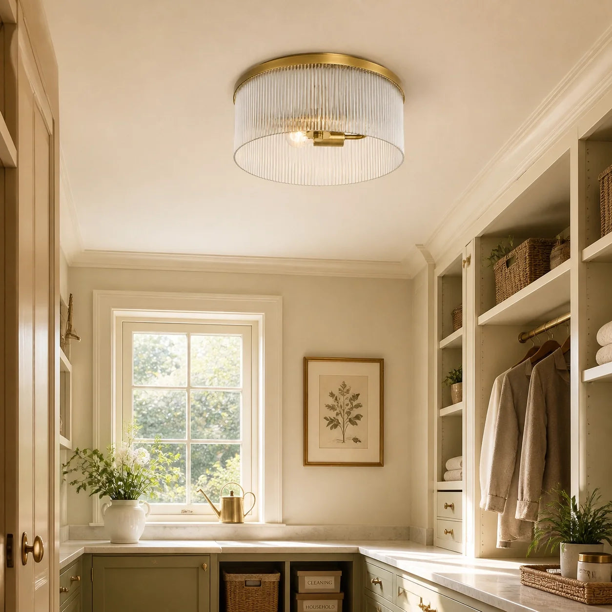 Vintage Ribbed Glass Drum Flush Ceiling Light