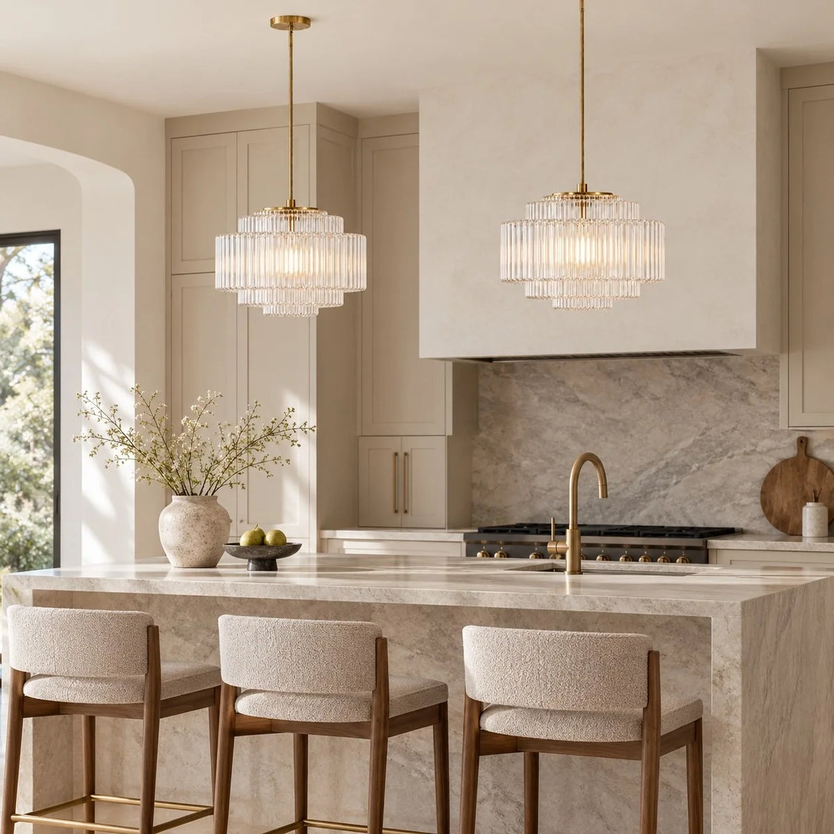 Vintage Tiered Ribbed Glass Pendant Light with Antique Brass Finish