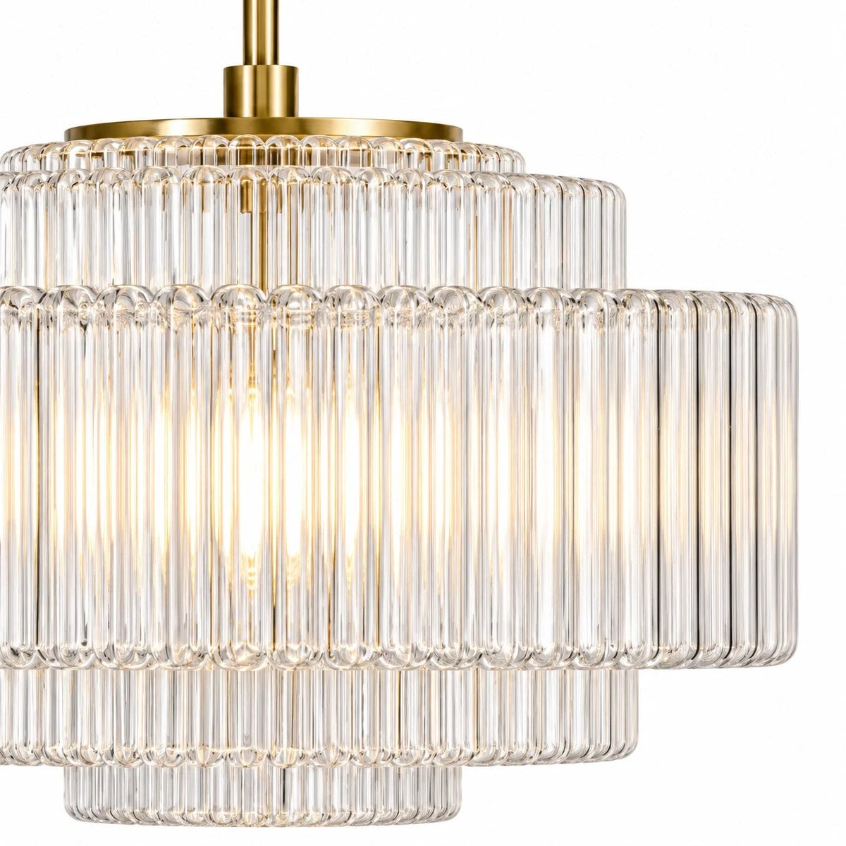 Vintage Tiered Ribbed Glass Pendant Light with Antique Brass Finish