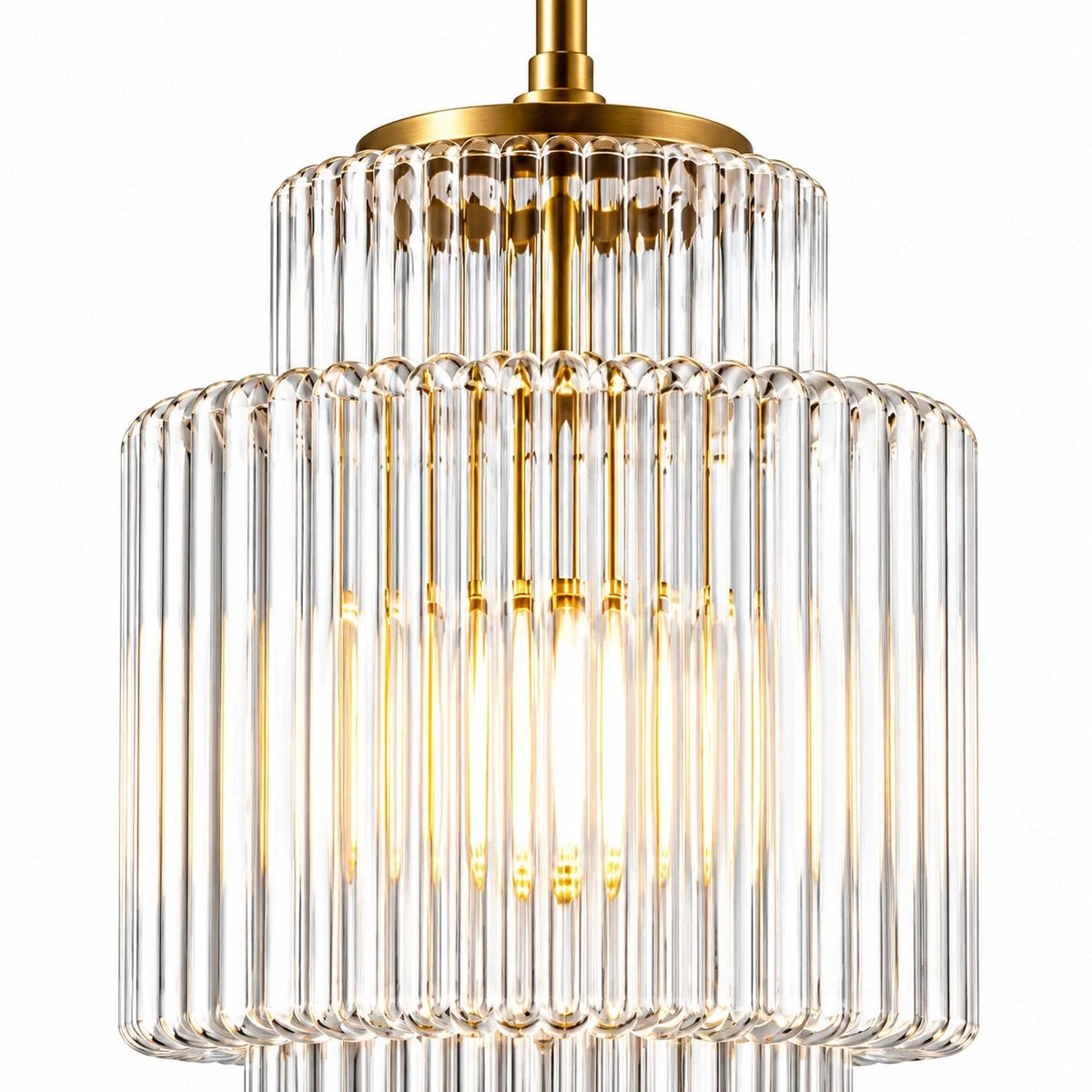 Vintage Tiered Ribbed Glass Pendant Light with Antique Brass Finish