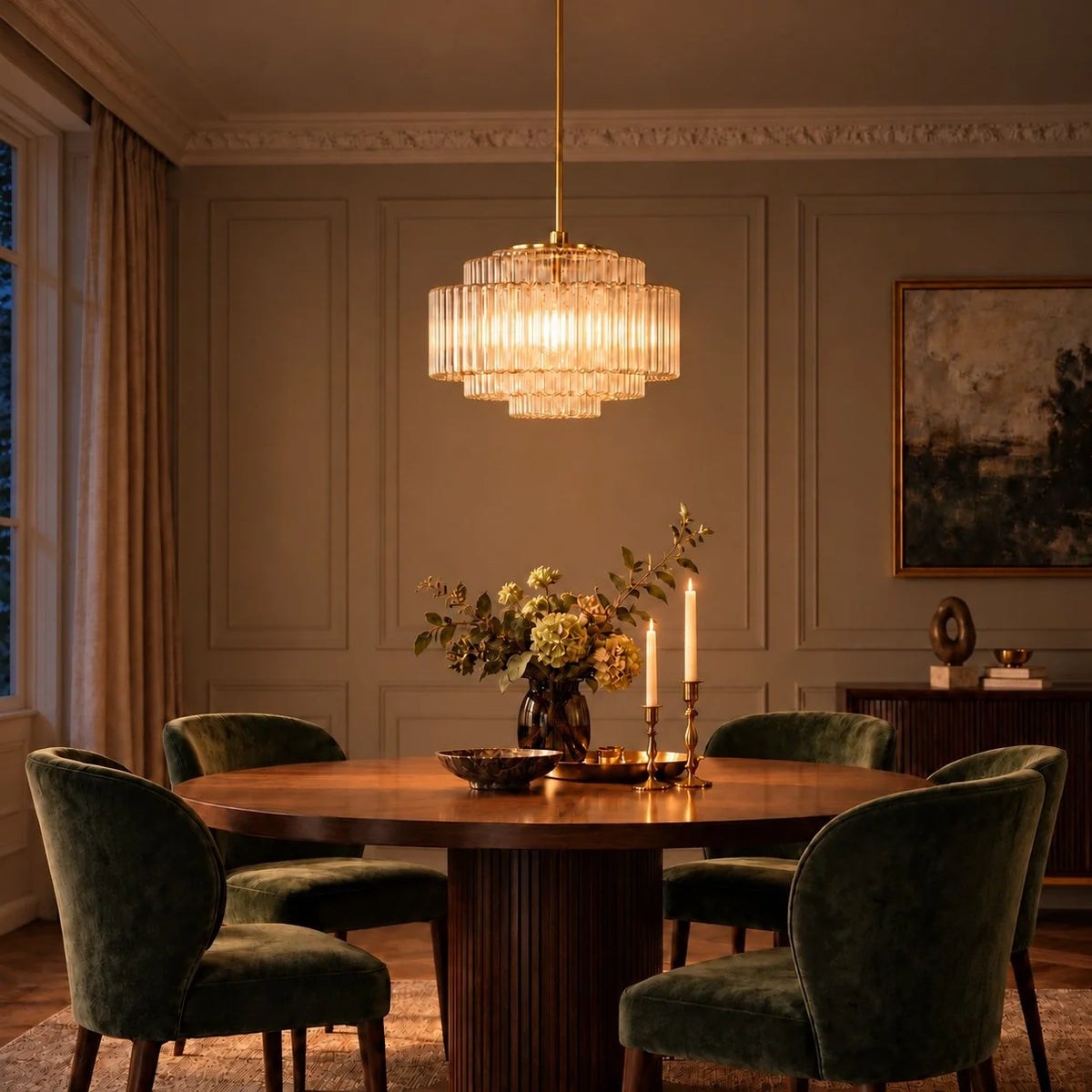 Vintage Tiered Ribbed Glass Pendant Light with Antique Brass Finish