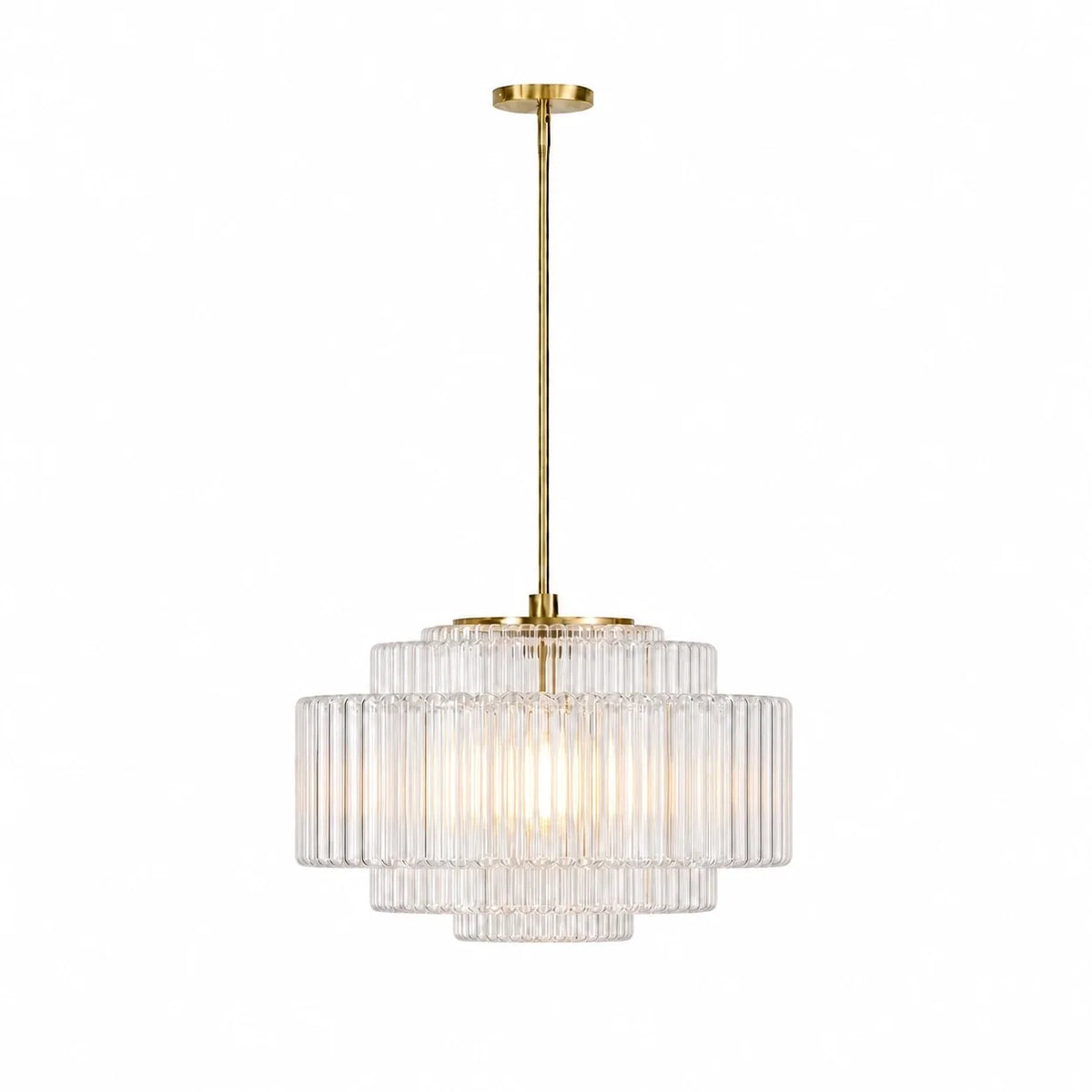 Vintage Tiered Ribbed Glass Pendant Light with Antique Brass Finish