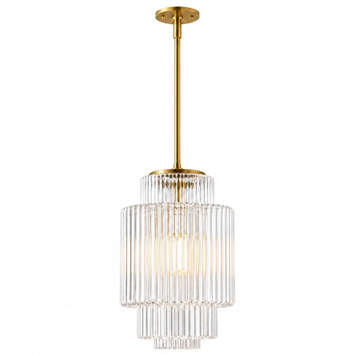 Vintage Tiered Ribbed Glass Pendant Light with Antique Brass Finish