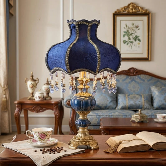 Vintage Victorian Blue Table Lamp with Fabric Shade