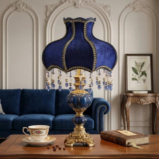 Vintage Victorian Blue Table Lamp with Fabric Shade