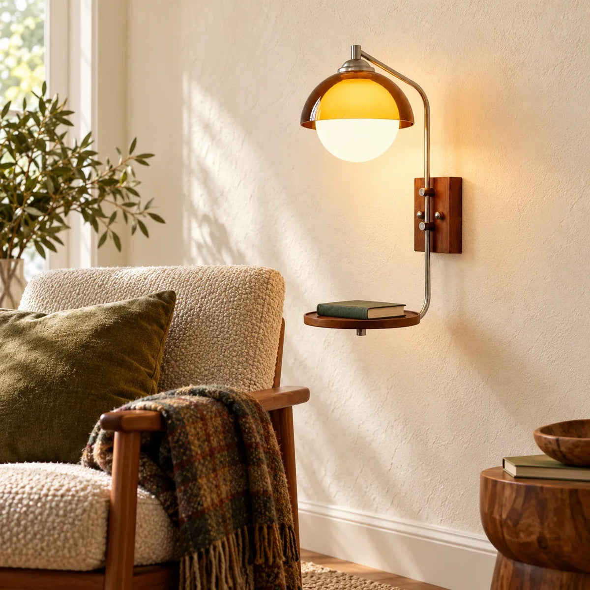 Vintage amber glass dome wall light, B reading