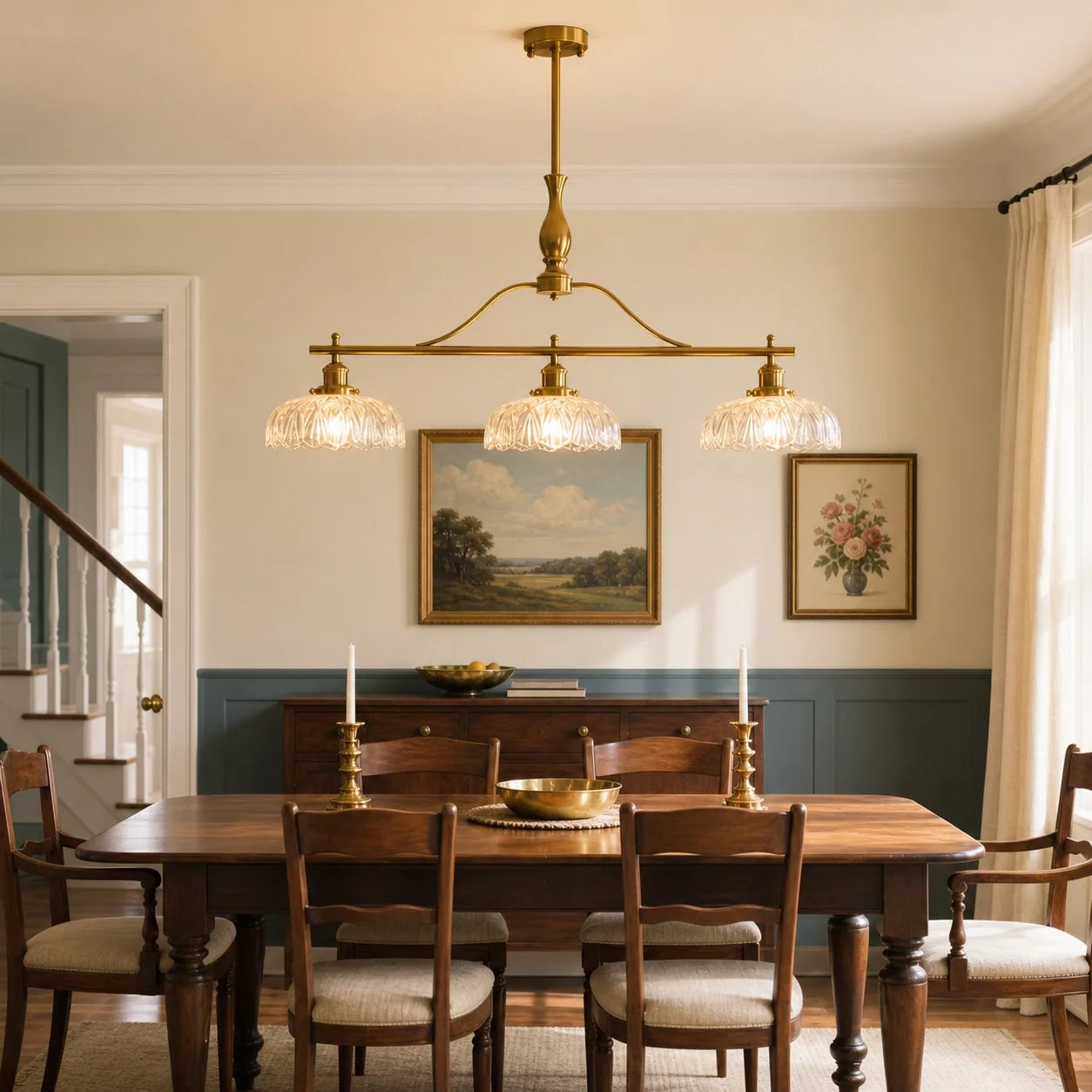 Vintage Brass 3-Light Linear Chandelier with Textured Glass Shade