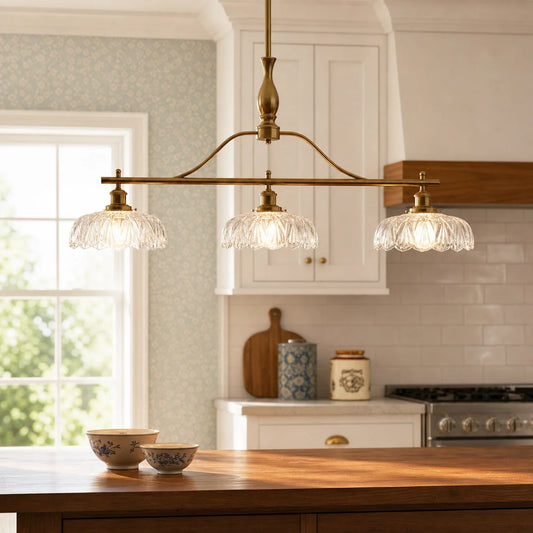 Vintage Brass 3-Light Linear Chandelier with Textured Glass Shade - view 2