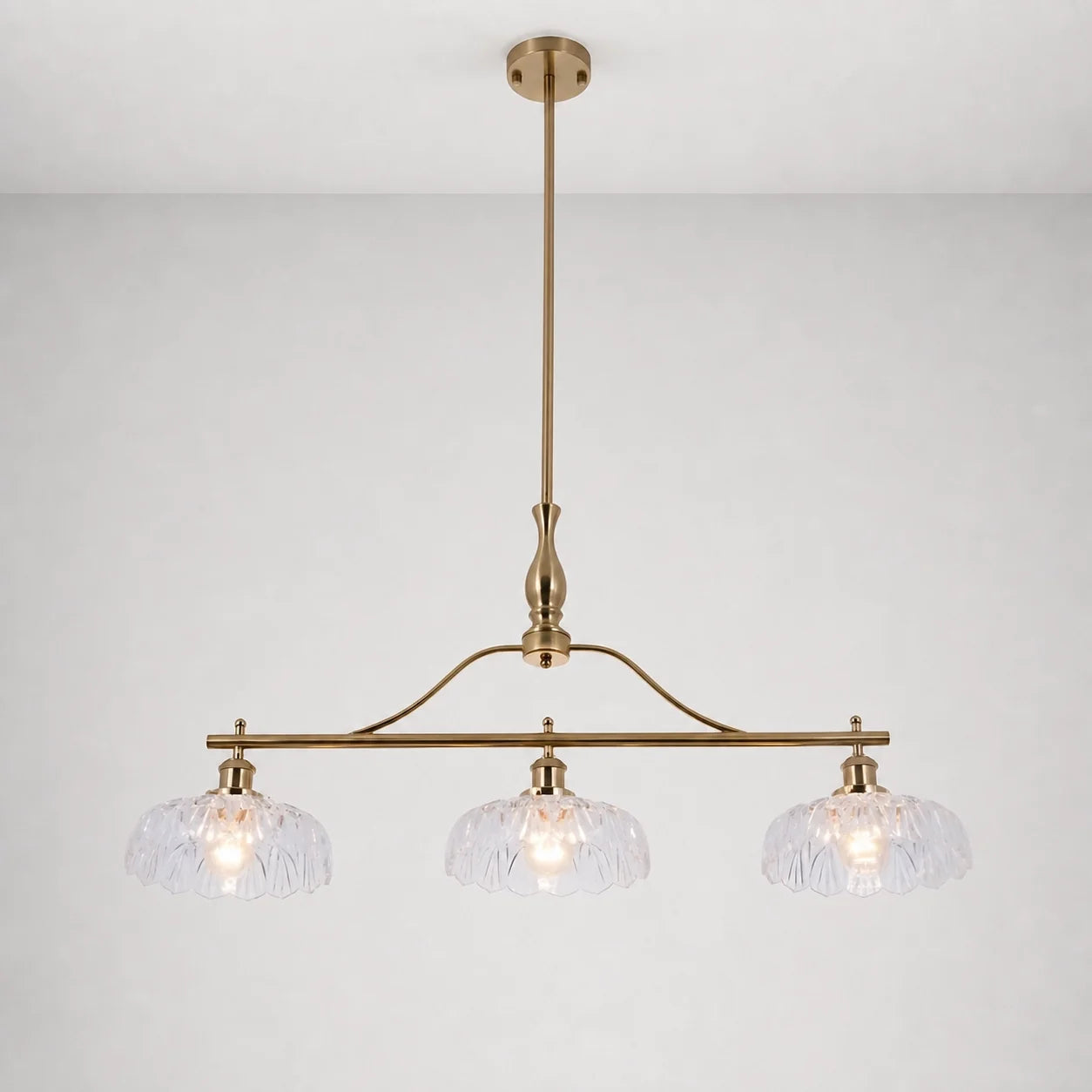Vintage Brass 3-Light Linear Chandelier with Textured Glass Shade
