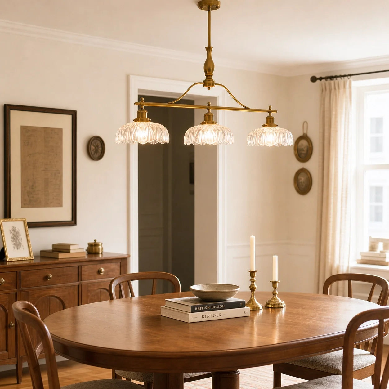 Vintage Brass 3-Light Linear Chandelier with Textured Glass Shade