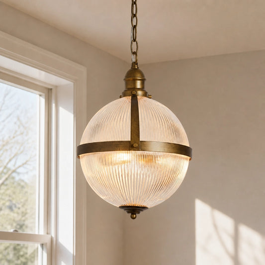 Vintage Brass Glass Globe Pendant Light with Chain