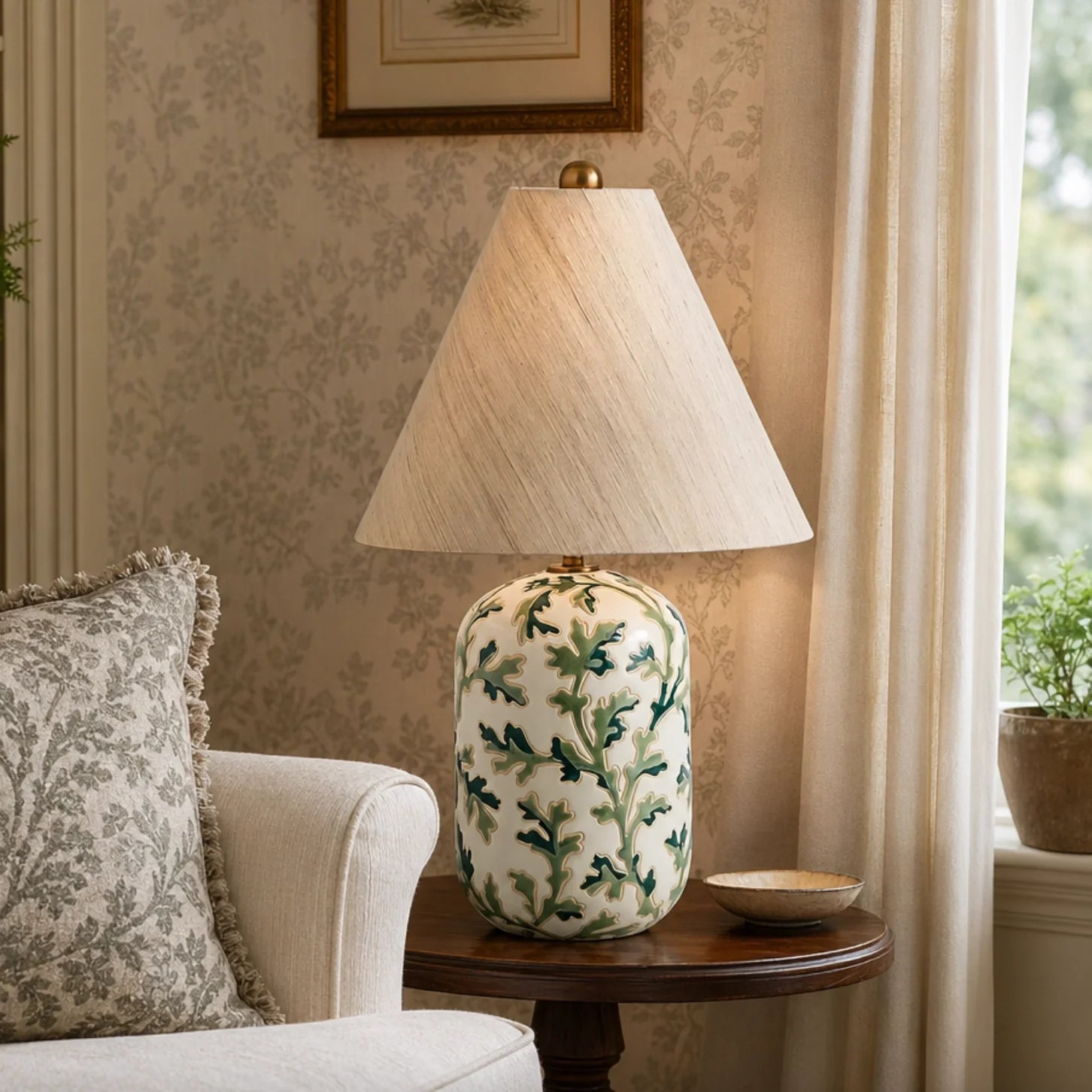 Patterned ceramic table light in a living room