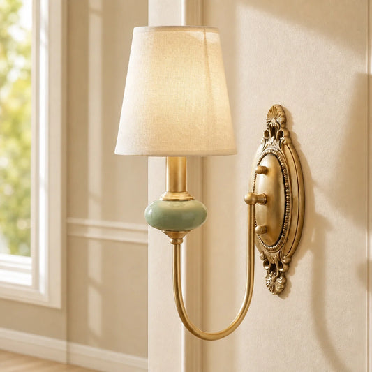 Vintage Fabric Shade Brass & Ceramic Wall Sconce
