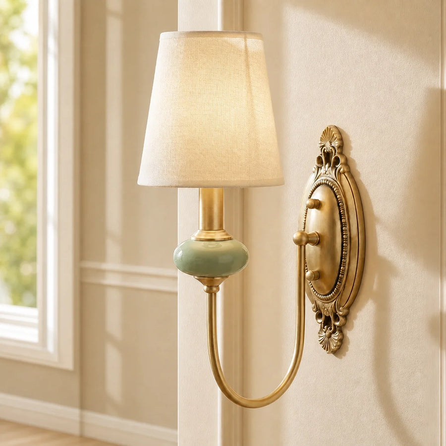 Vintage Fabric Shade Brass & Ceramic Wall Sconce