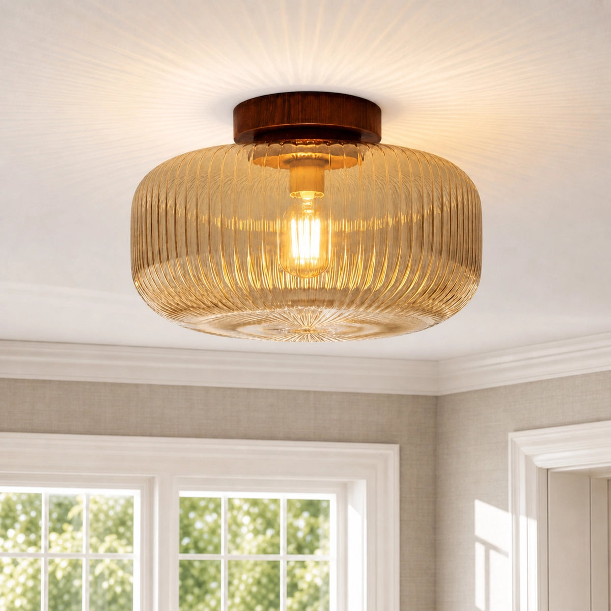 Vintage Farmhouse Textured Amber Fluted Glass Ceiling Light
