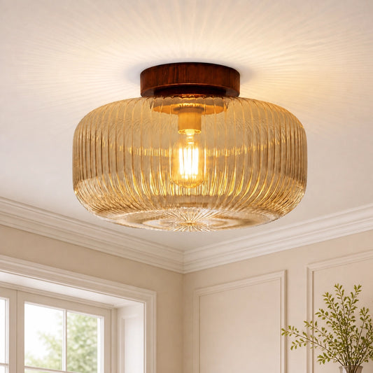 Vintage Farmhouse Textured Amber Fluted Glass Ceiling Light