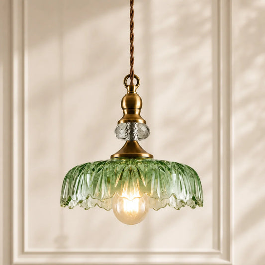 Vintage Flower Glass Brass Pendant Light