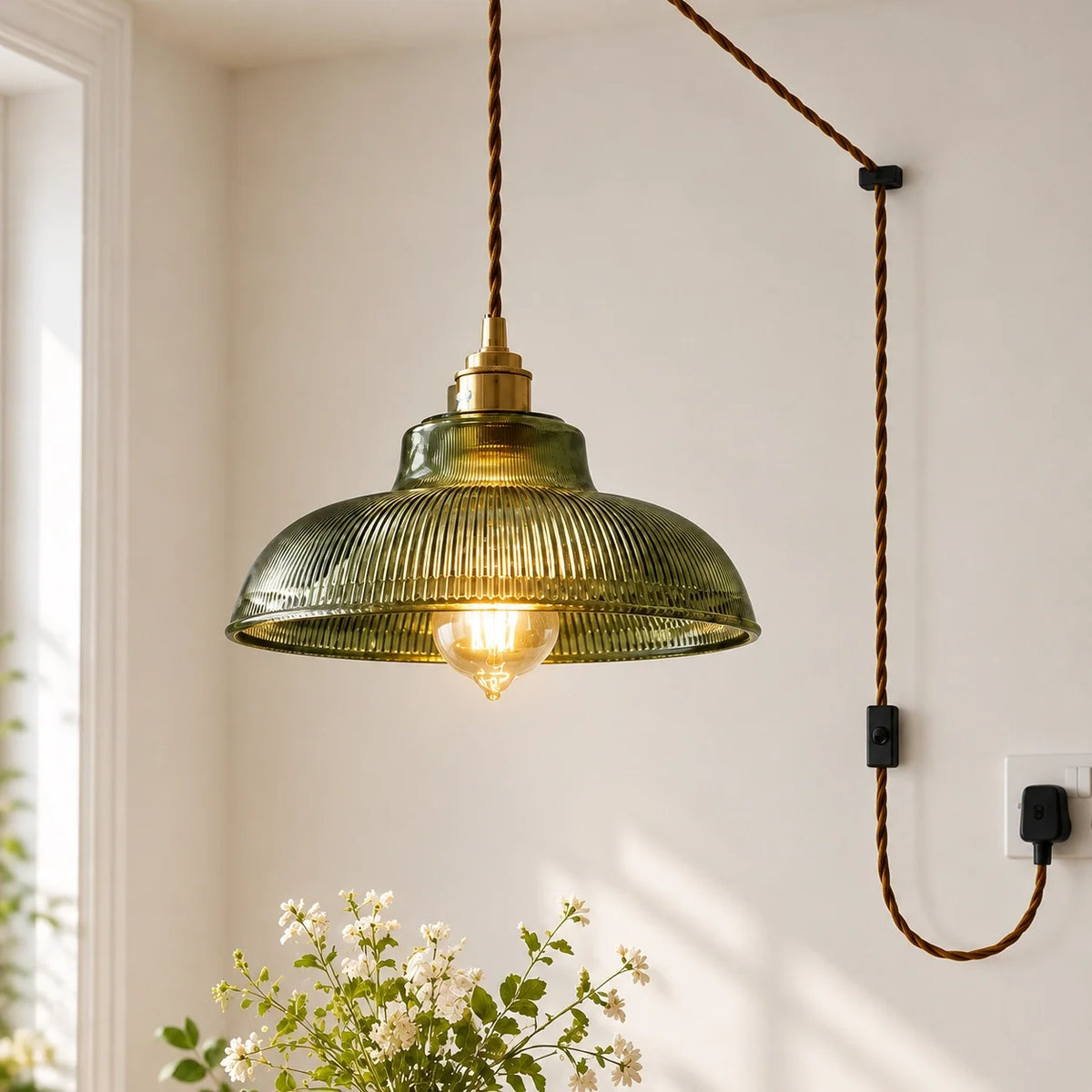 Vintage Green Ribbed Glass Plug-In Pendant Light