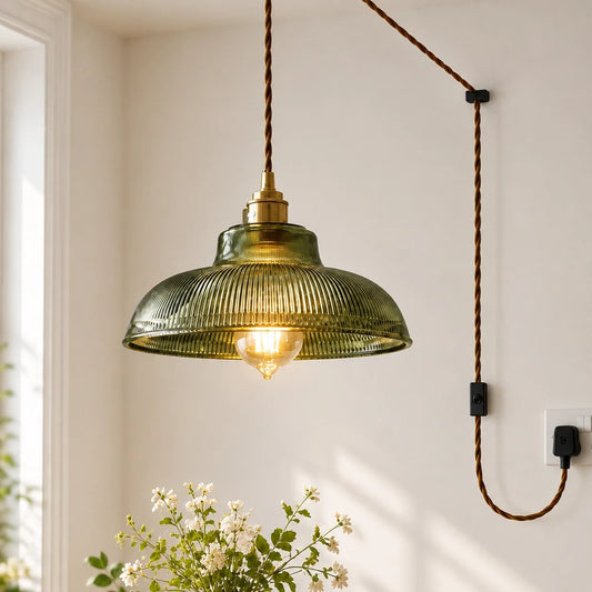 Vintage Green Ribbed Glass Plug-In Pendant Light