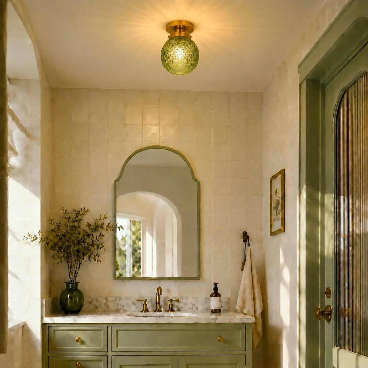 Vintage Patterned Glass Globe Flush Ceiling Light
