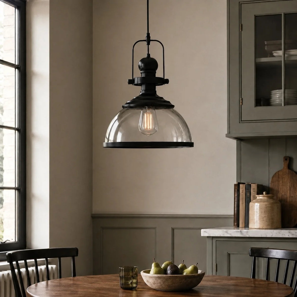 Vintage Industrial Clear Glass Dome Metal Frame Pendant Light