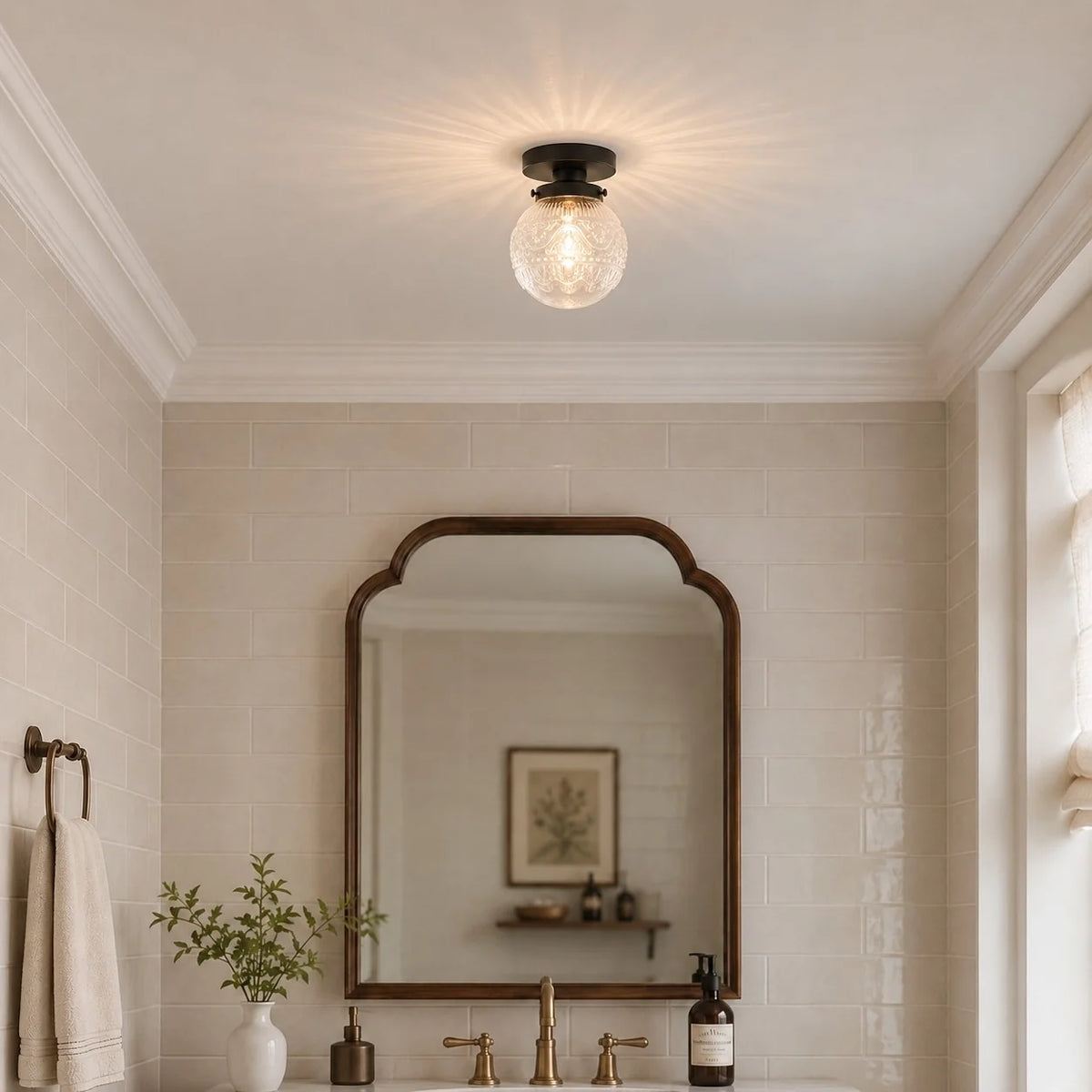 Vintage Patterned Glass Globe Flush Ceiling Light