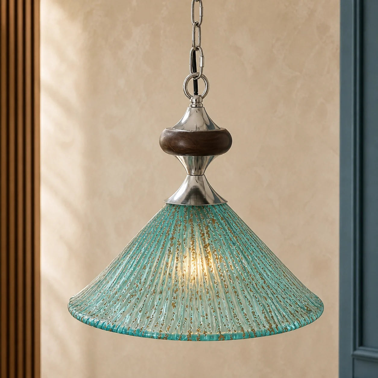 Vintage Peacock Blue Ribbed Glass Pendant Light