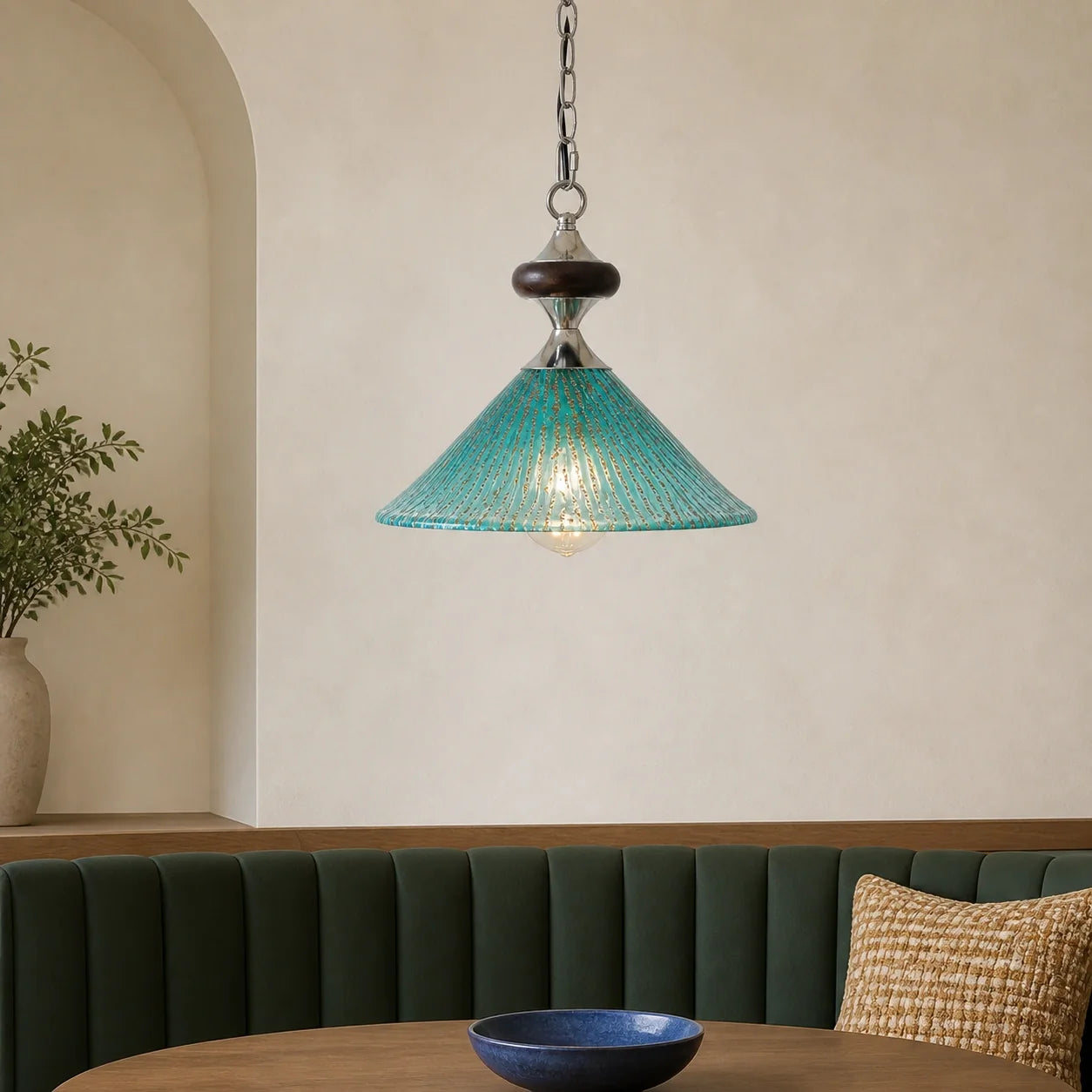 Vintage Peacock Blue Ribbed Glass Pendant Light