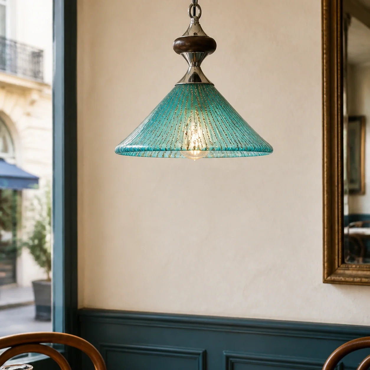 Vintage Peacock Blue Ribbed Glass Pendant Light