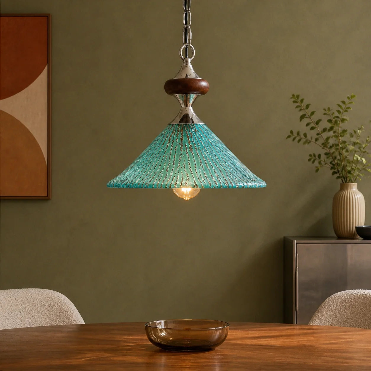 Vintage Peacock Blue Ribbed Glass Pendant Light