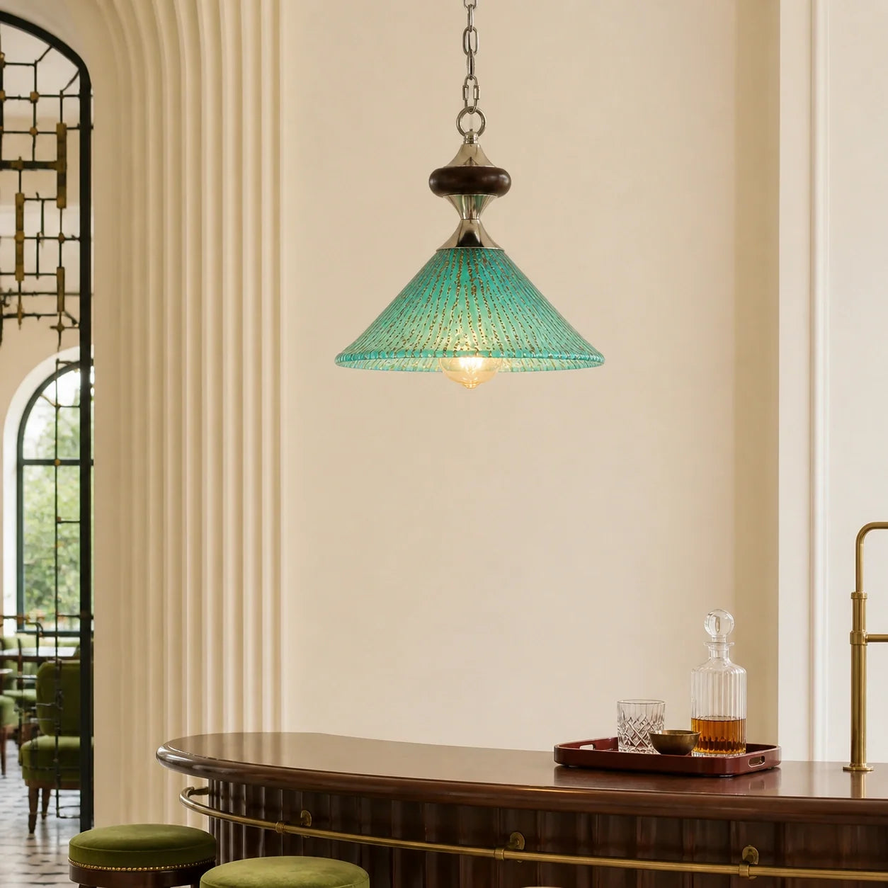 Vintage Peacock Blue Ribbed Glass Pendant Light