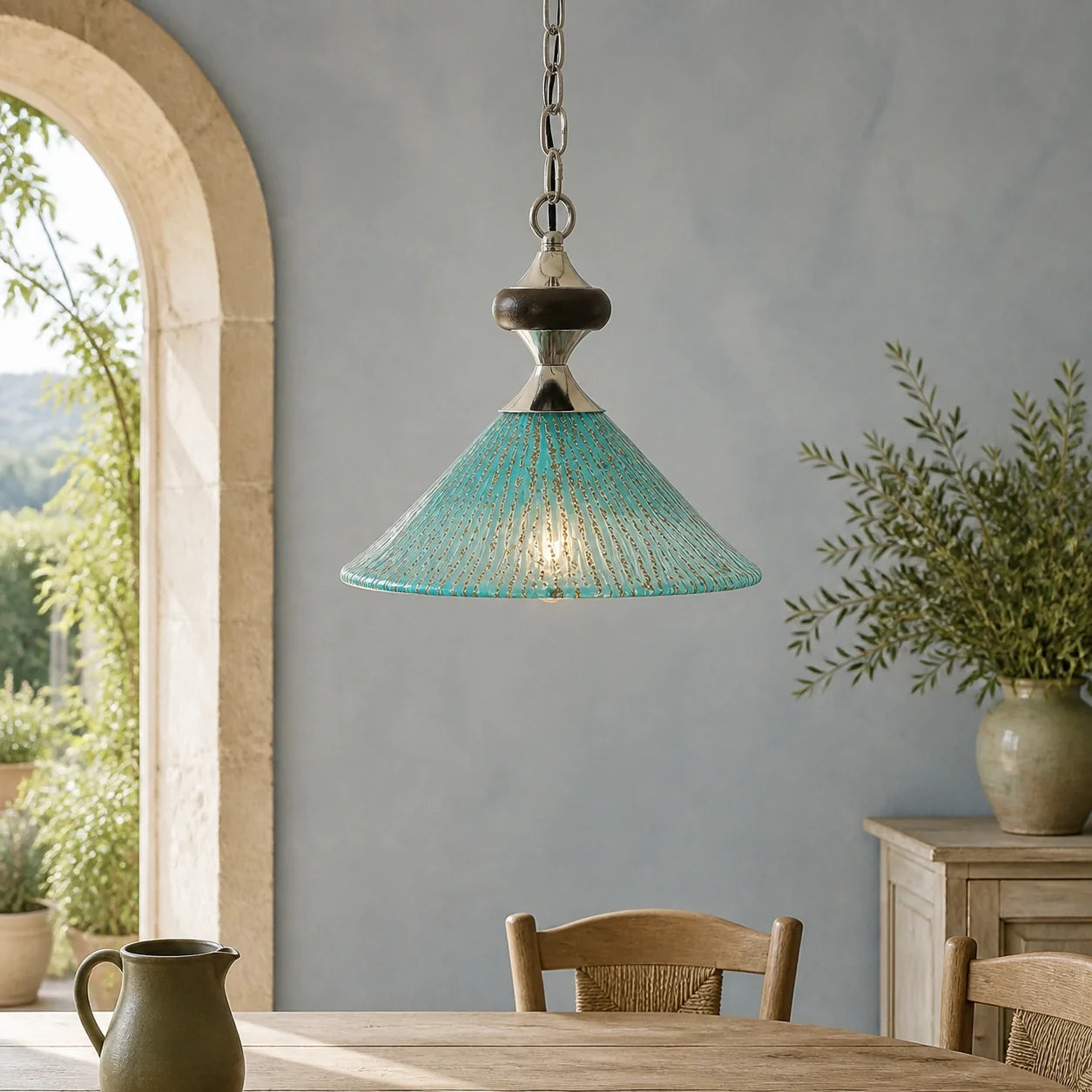 Vintage Peacock Blue Ribbed Glass Pendant Light