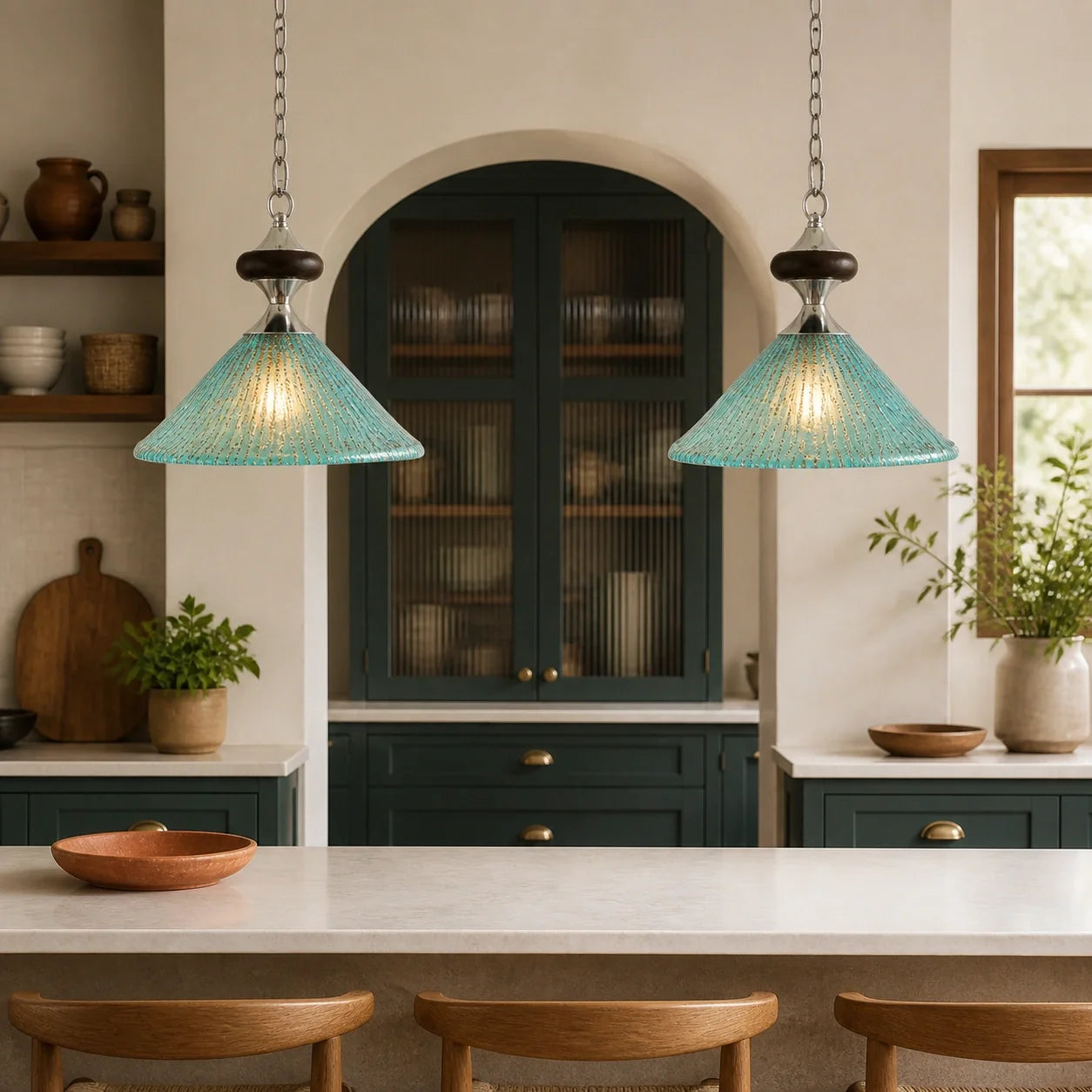 Vintage Peacock Blue Ribbed Glass Pendant Light