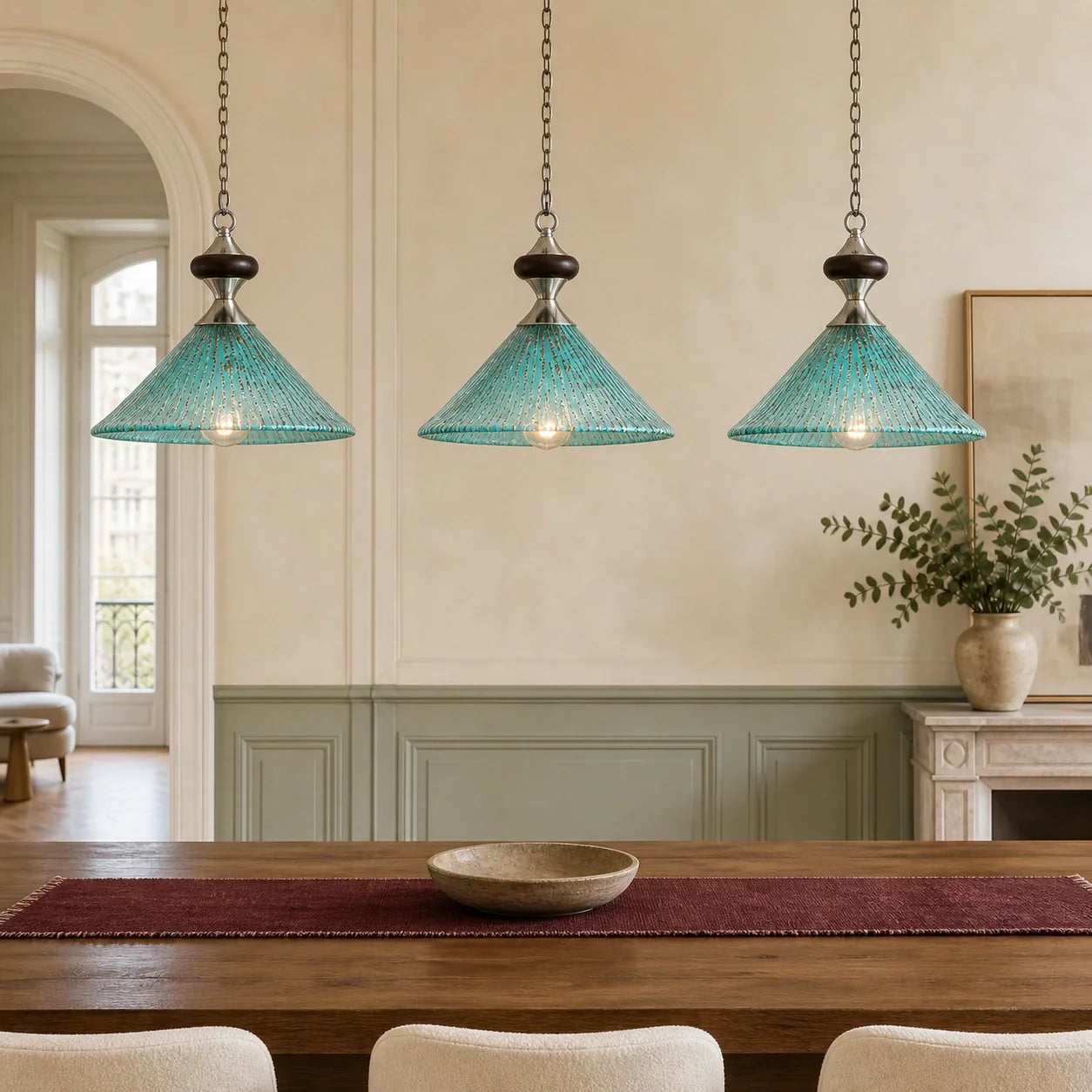 Vintage Peacock Blue Ribbed Glass Pendant Light