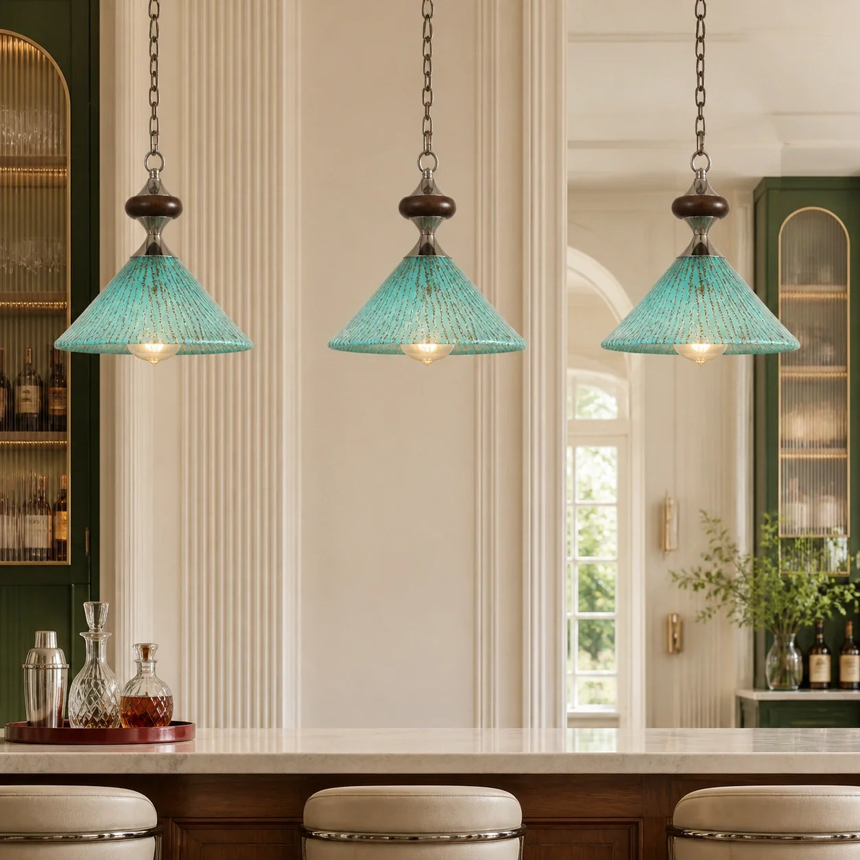 Vintage Peacock Blue Ribbed Glass Pendant Light