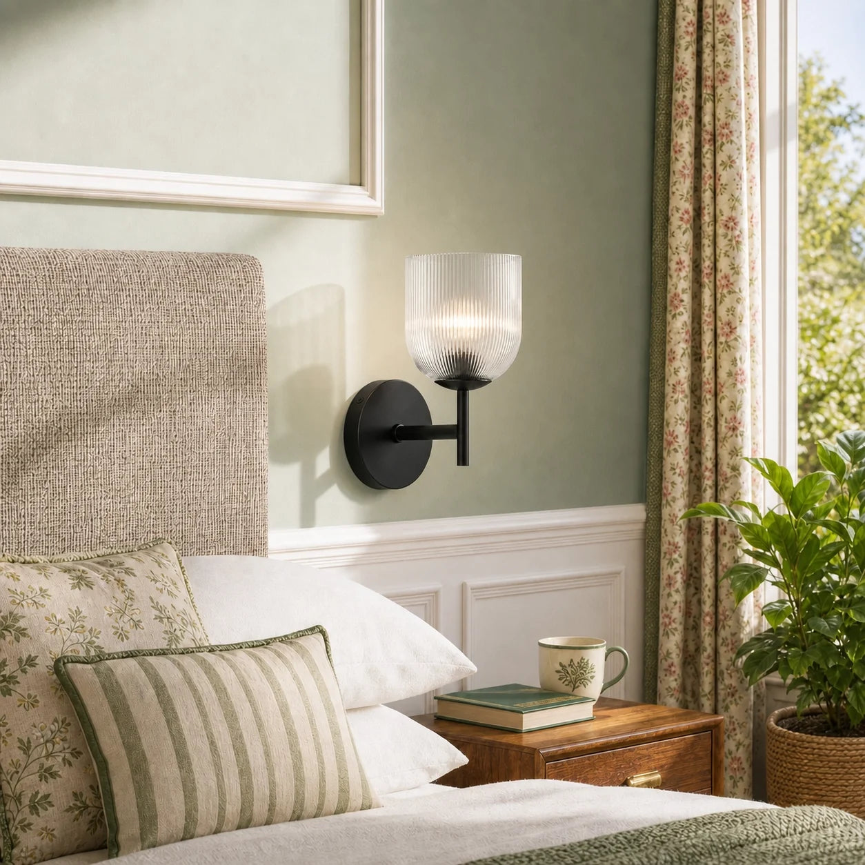 Vintage Ribbed Glass Brass Wall Sconce