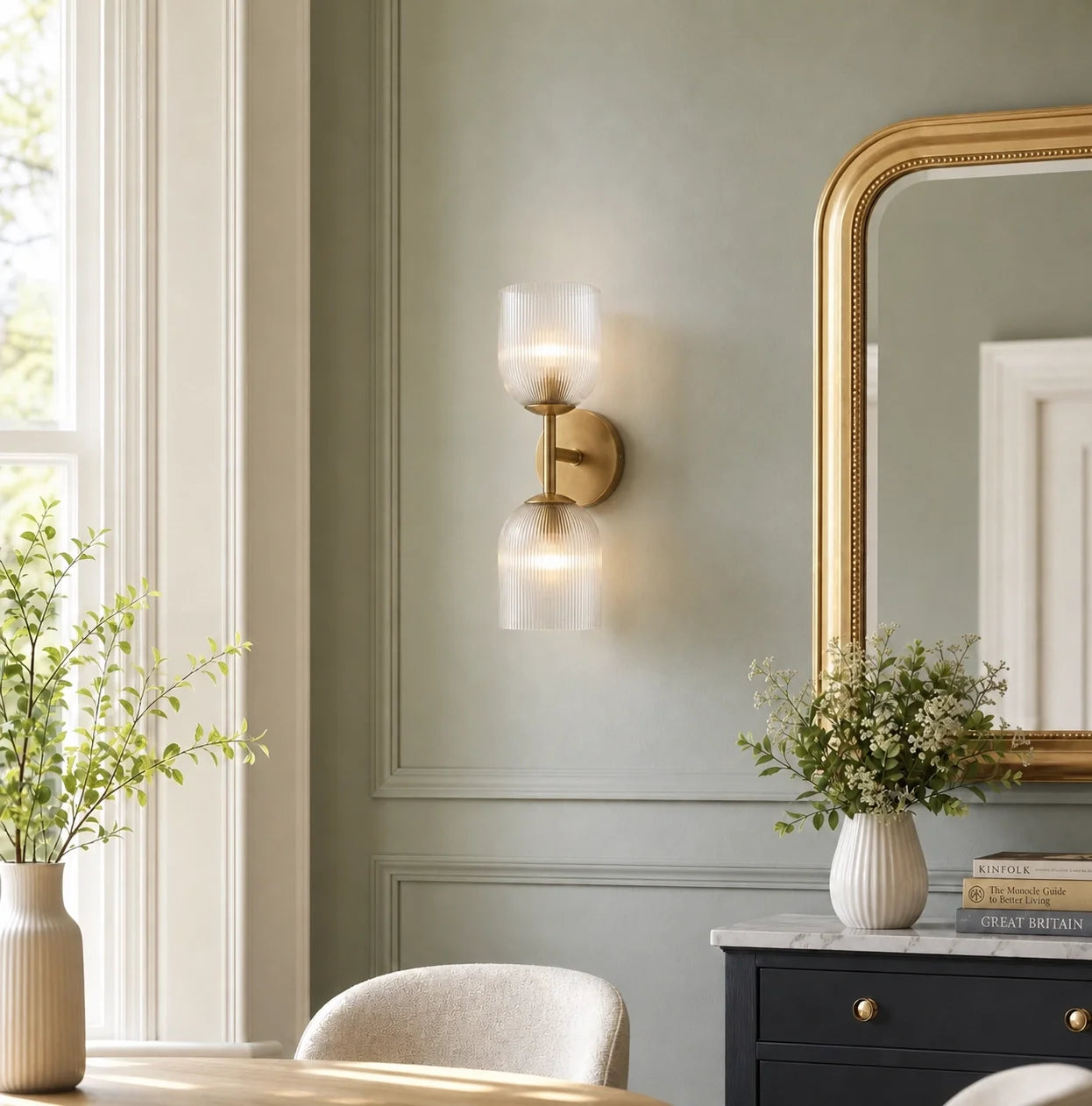Vintage Ribbed Glass Brass Wall Sconce
