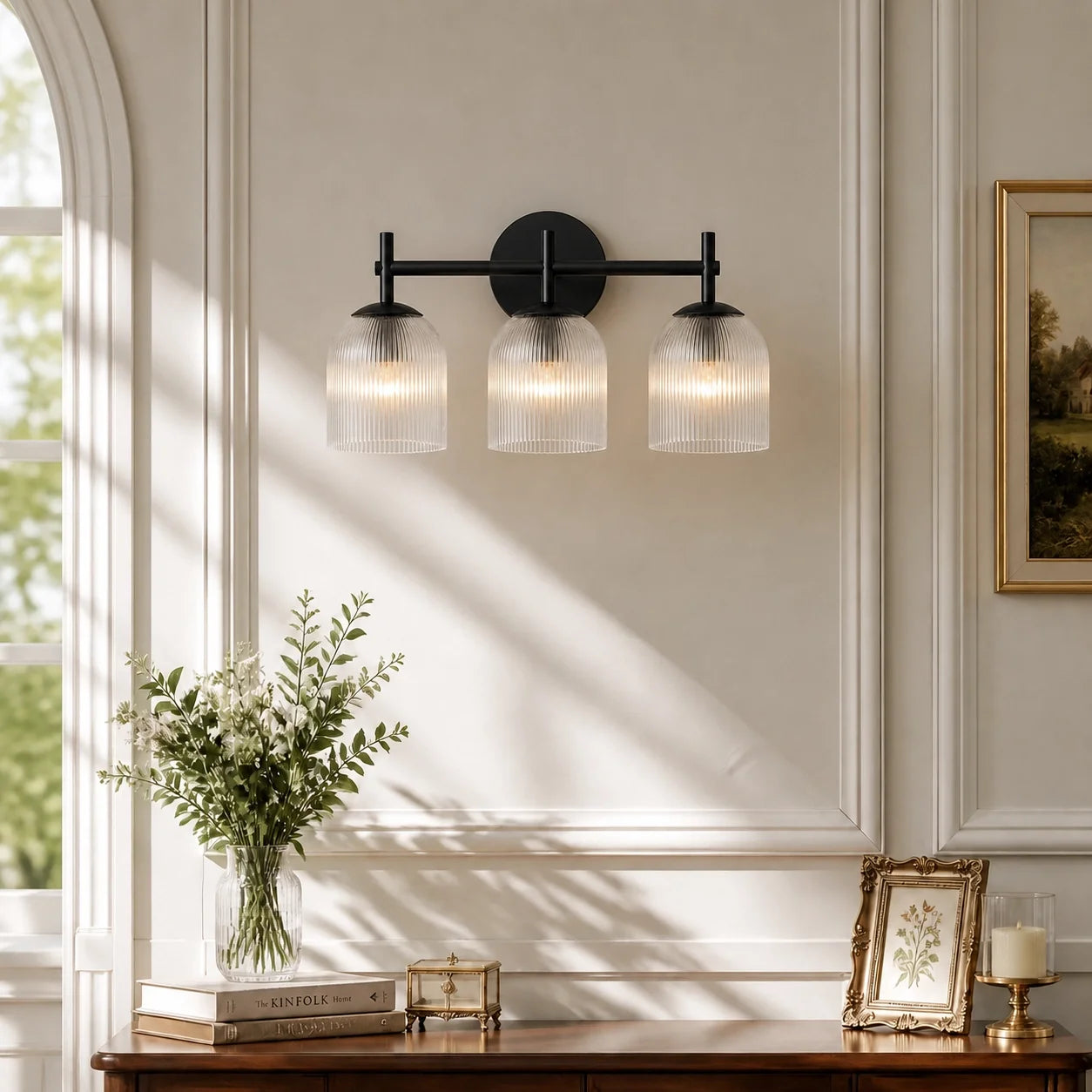 Vintage Ribbed Glass Brass Wall Sconce