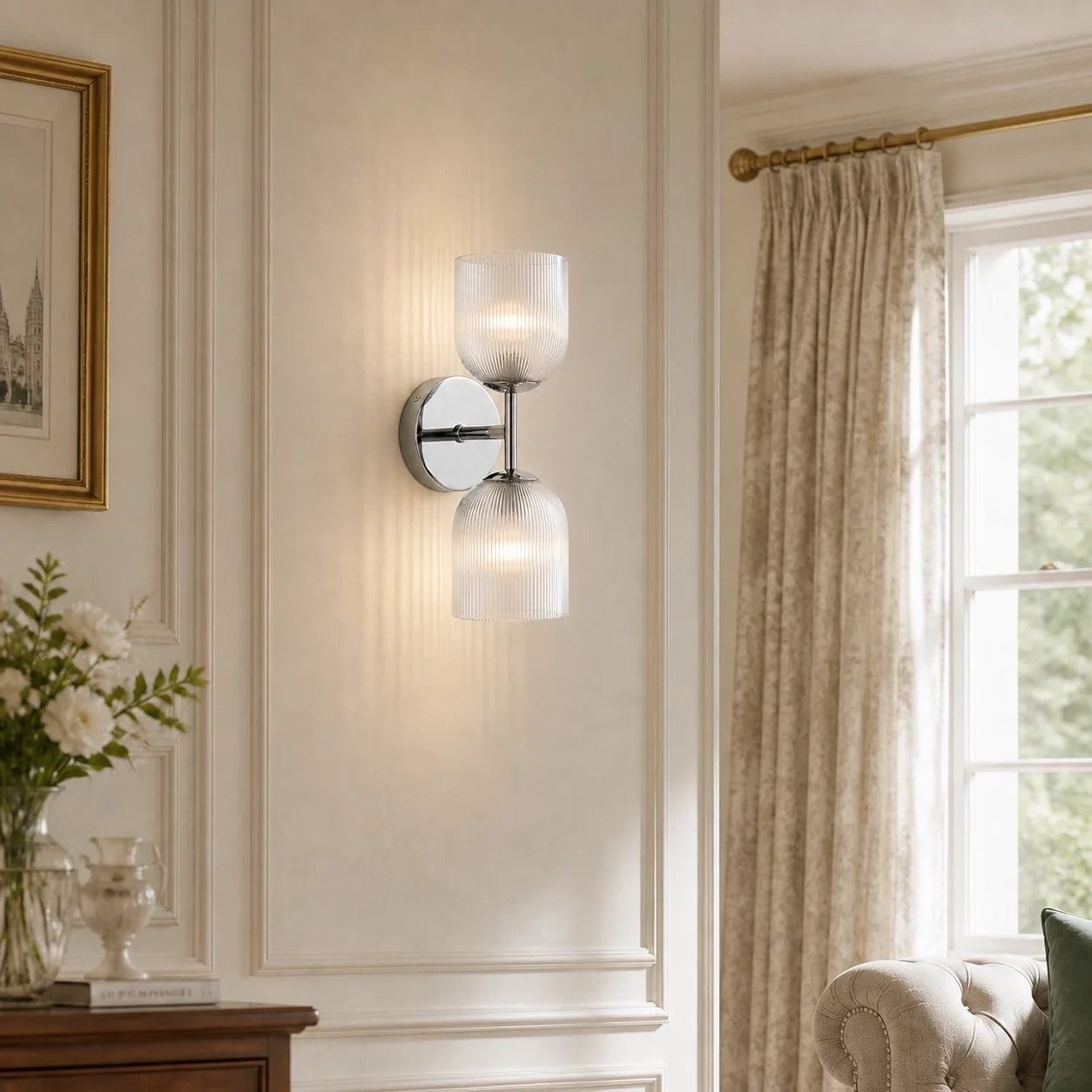 Vintage Ribbed Glass Brass Wall Sconce