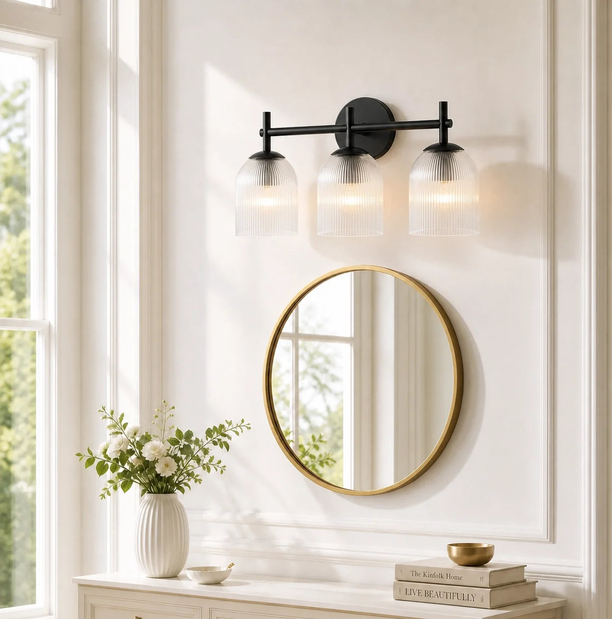 Vintage Ribbed Glass Brass Wall Sconce